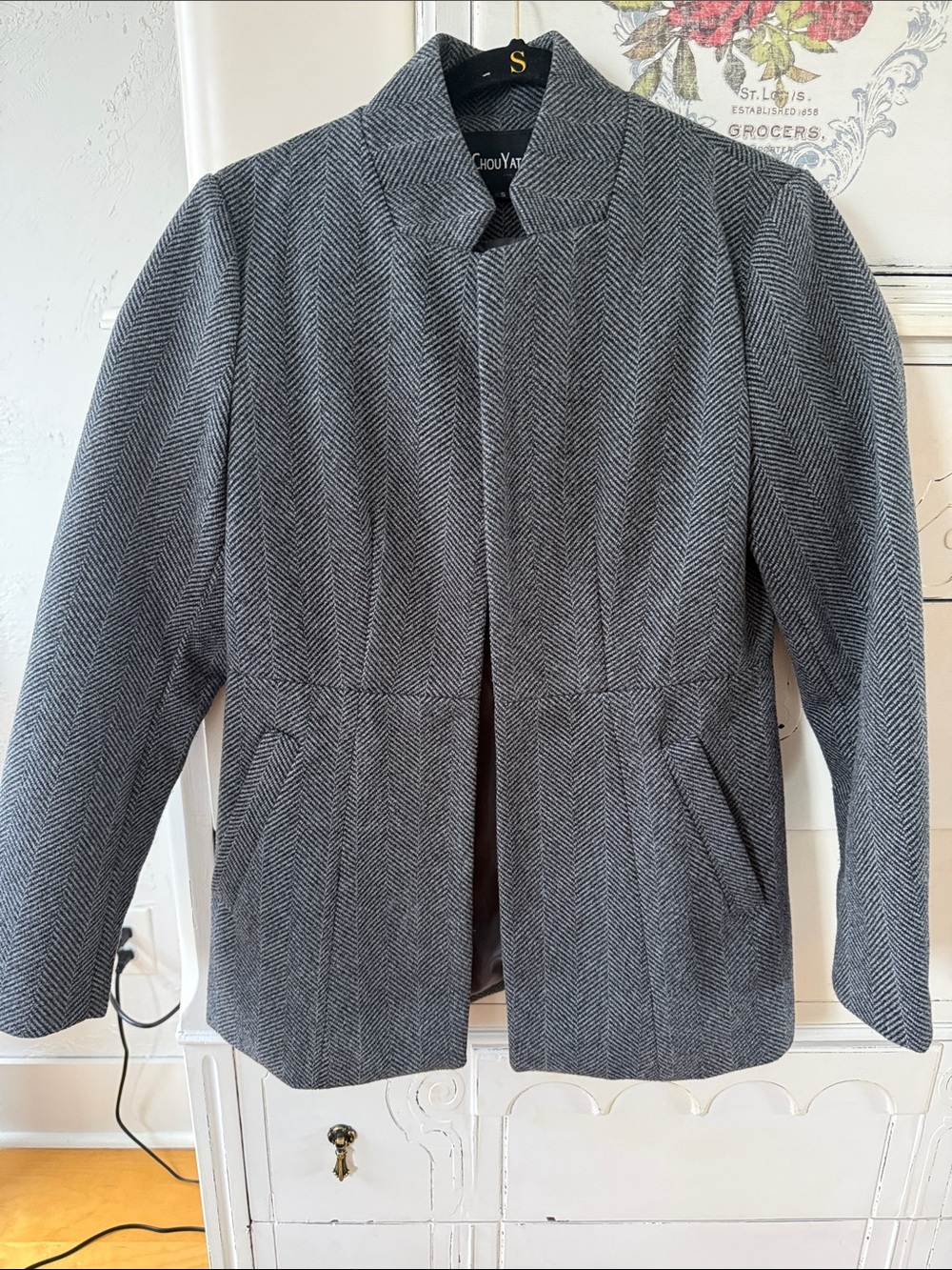 Gray Herringbone Stand-Collar Women's Blazer - Unbranded